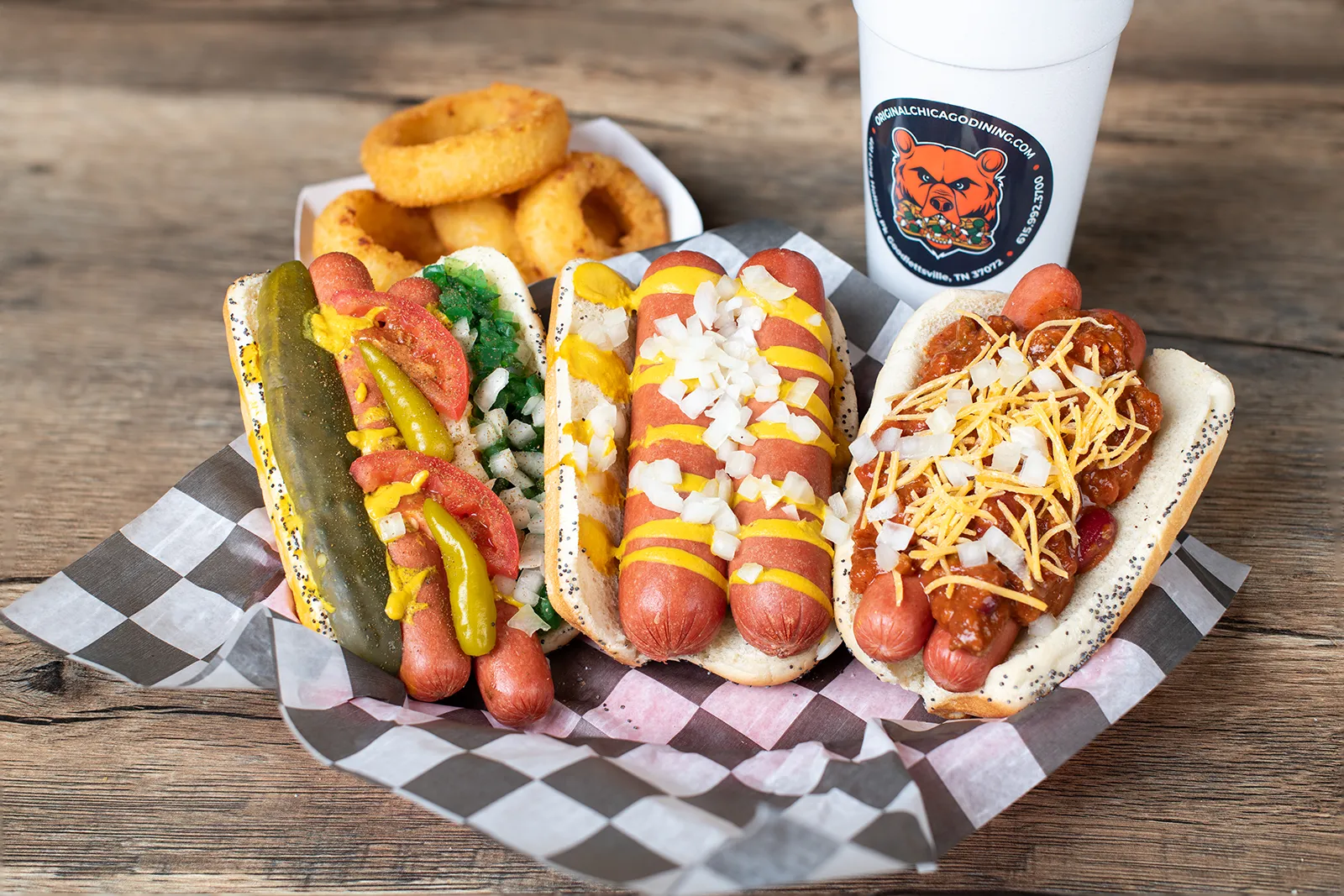 Staleys Double Dog hotdogs on a wooden background