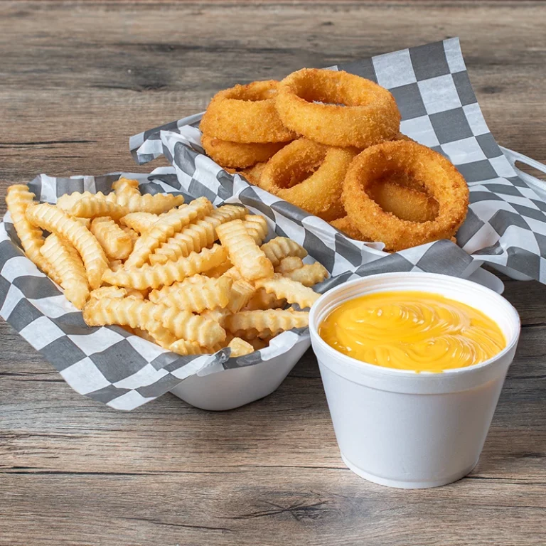 Staleys side of fries and onion rings with cheese dip